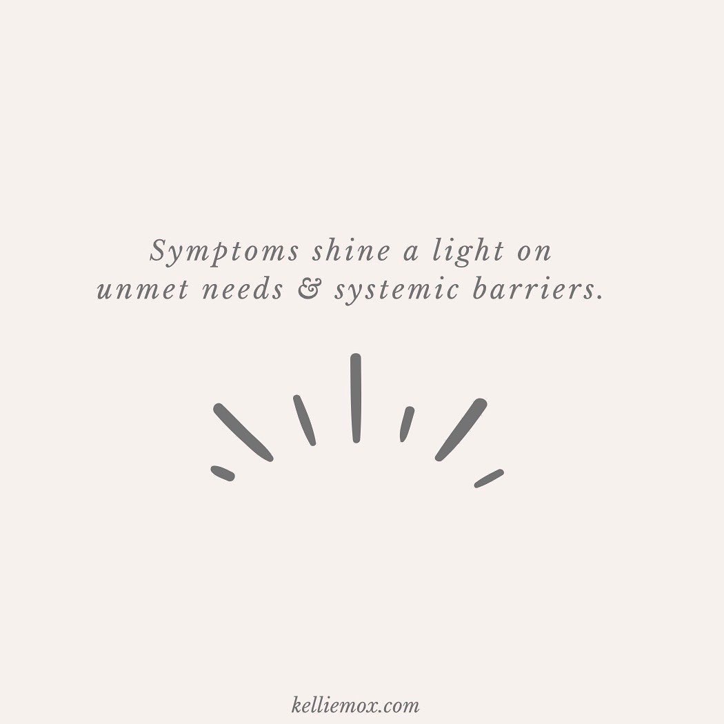 A text saying “symptoms shine a light on unmet needs and systemic barriers”